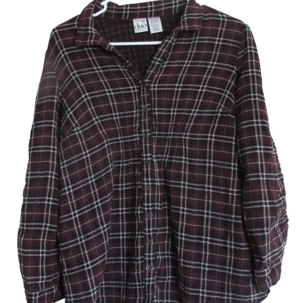 Duo Maternity Button Front Shirt Womens Medium Purple Plaid ‎ Long Sleeve Top